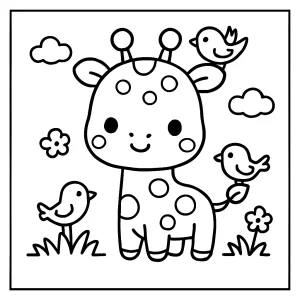 Kawaii giraffe with tiny birds coloring page for kids to print and color