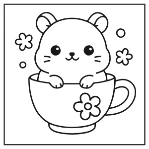 Kawaii hamster in a teacup coloring page for free printable coloring fun
