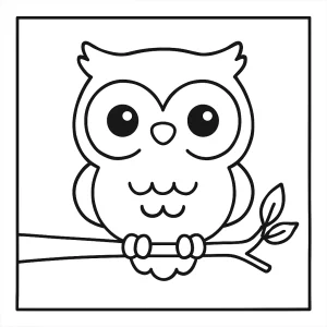 Cute kawaii owl sitting on a branch coloring page for kids to print and color