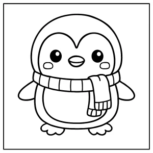 Kawaii penguin with scarf coloring page for kids to print and color