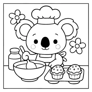 Cute koala baking cupcakes coloring page for kids to print and color