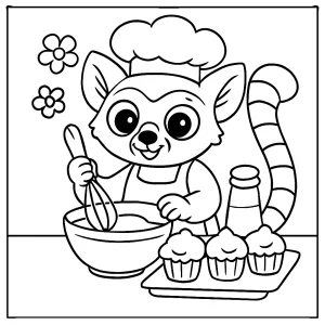 Cute lemur baking cupcakes coloring page for free printable fun