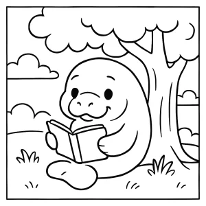 Coloring page of a cute manatee reading a book under a tree, free printable