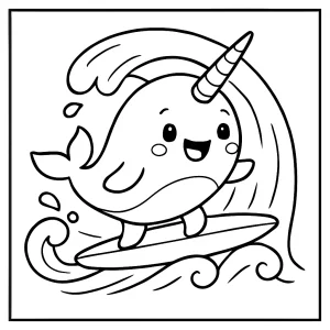 Cute narwhal surfing a wave coloring page for kids to print and color