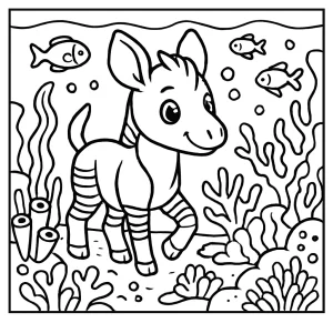 Free coloring page of a cute okapi exploring a coral reef, printable for kids
