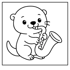 Cute otter playing a saxophone coloring page for kids to print and color