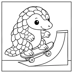 Cute pangolin on a skateboard ramp coloring page, printable for kids