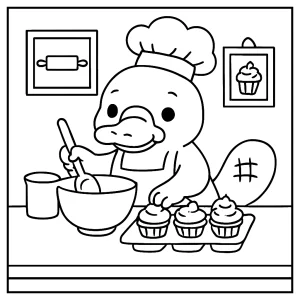 Cute platypus baking cupcakes coloring page for kids to print and color