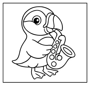 Cute puffin playing saxophone coloring page, free printable for kids