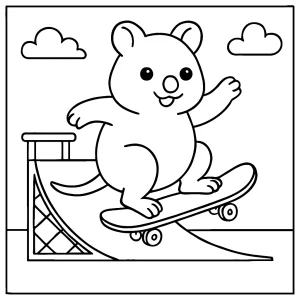 Cute quokka on a skateboard ramp coloring page for free printable fun