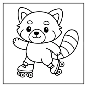 Coloring page of a cute red panda wearing roller skates, printable and free for kids