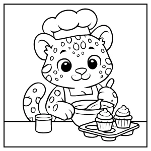 Cute snow leopard baking cupcakes coloring page for kids to print and color for free