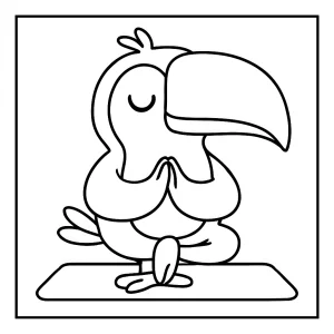 Cute toucan practicing yoga on a mat, free coloring page for kids to print and color