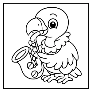Cute vulture playing a saxophone coloring page for free printable fun