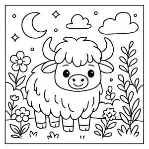 Cute yak in a moonlit garden coloring page for free printable activities