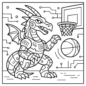 Cyber dragon playing basketball coloring page for kids to print and color