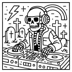 Cyberpunk skeleton DJ mixing techno beats in neon graveyard coloring page for free printable fun