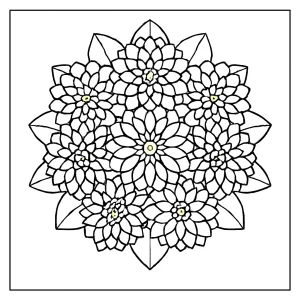 Dahlia Mandala coloring page featuring a detailed floral mandala arrangement for kids and adults to print and color for free.