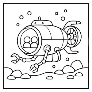 Deep sea research submersible coloring page for kids to print and color, featuring an underwater vehicle and marine life.