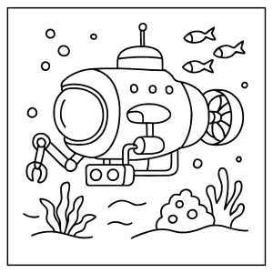 Deep Sea Research Submersible coloring page for kids, printable ocean exploration illustration