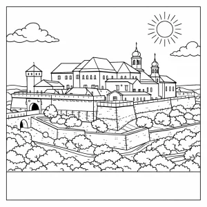 Detailed Špilberk Castle coloring page, printable line art of Brno's famous fortress for coloring fun.
