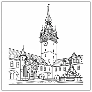Old Town Hall Brno gothic tower coloring page with detailed black and white line drawing, perfect for printing and coloring.