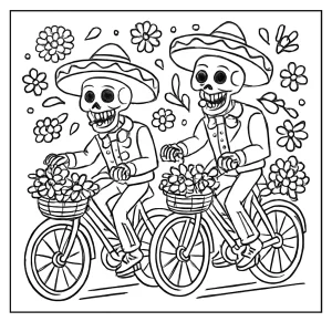 Mariachi skeletons riding bicycles with flower baskets Dia de los Muertos coloring page