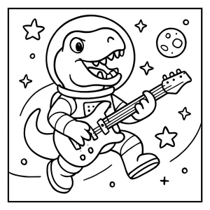 Dinosaur astronaut playing electric guitar coloring page for kids to print and color