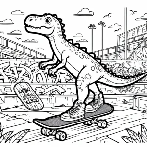 Dinosaur skateboarding in park with graffiti wall