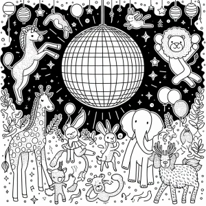 Animals dancing under a disco ball at a birthday party