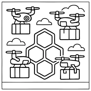 Drone Cargo Hive coloring page featuring drones delivering packages in a futuristic hive, free printable for kids.
