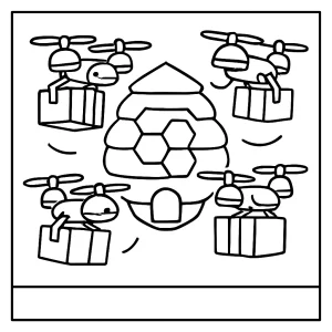 Drone cargo hive coloring page with futuristic drones delivering packages, free printable for kids