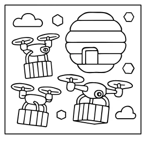 Drone Cargo Hive coloring page with futuristic drones and cargo hive structure for kids and adults to color