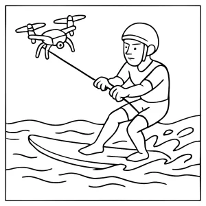 Drone-surfing athlete riding a board pulled by a drone across water, coloring page for free printable fun