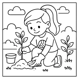 Eco-warrior girl planting tree saplings coloring page for kids to print and color