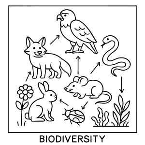 Biodiversity food web coloring page for kids showing animals, plants, and nature connections to color