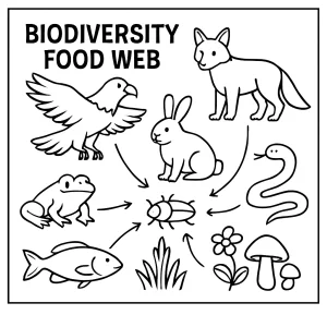 Biodiversity food web coloring page with animals and plants to color, showing ecosystem connections