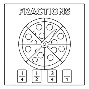 Fractions pizza spinner coloring page for kids with pizza slices divided into fractions and a spinner for educational fun.