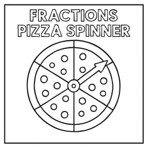 Educational fractions pizza spinner coloring page for kids to print and color