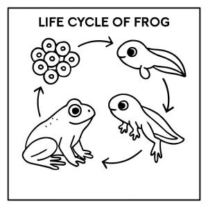 Frog life cycle storyboard coloring page showing frog stages for kids to color