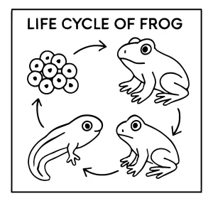 Frog life cycle storyboard coloring page featuring eggs, tadpoles, froglets, and adult frogs for kids to color