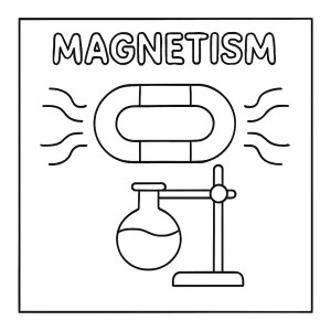Magnetism experiment lab coloring page with magnets, paper clips, and scientific tools for kids to color