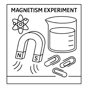 Magnetism experiment lab coloring page featuring magnets and scientific tools for kids to color