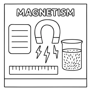 Magnetism experiment lab coloring page showing magnets, filings, and worksheet for kids to color
