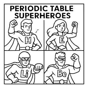 Educational periodic table superheroes coloring page featuring element heroes for kids to color and learn about chemistry.