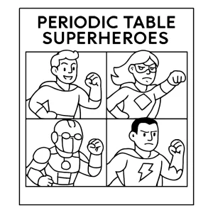 Printable coloring page of periodic table superheroes, educational and fun for kids