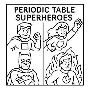 Periodic table superheroes coloring page featuring cartoon elements as superheroes, educational printable for kids