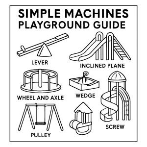 Educational simple machines playground guide coloring page for kids to print and color