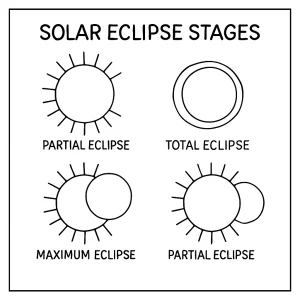 Solar eclipse stages infographic coloring page for kids to print and color, showing each phase of the eclipse in a simple educational design.