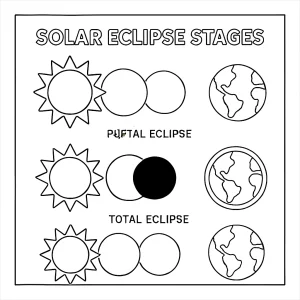 Educational solar eclipse stages infographic coloring page with Sun, Moon, and Earth for kids to color